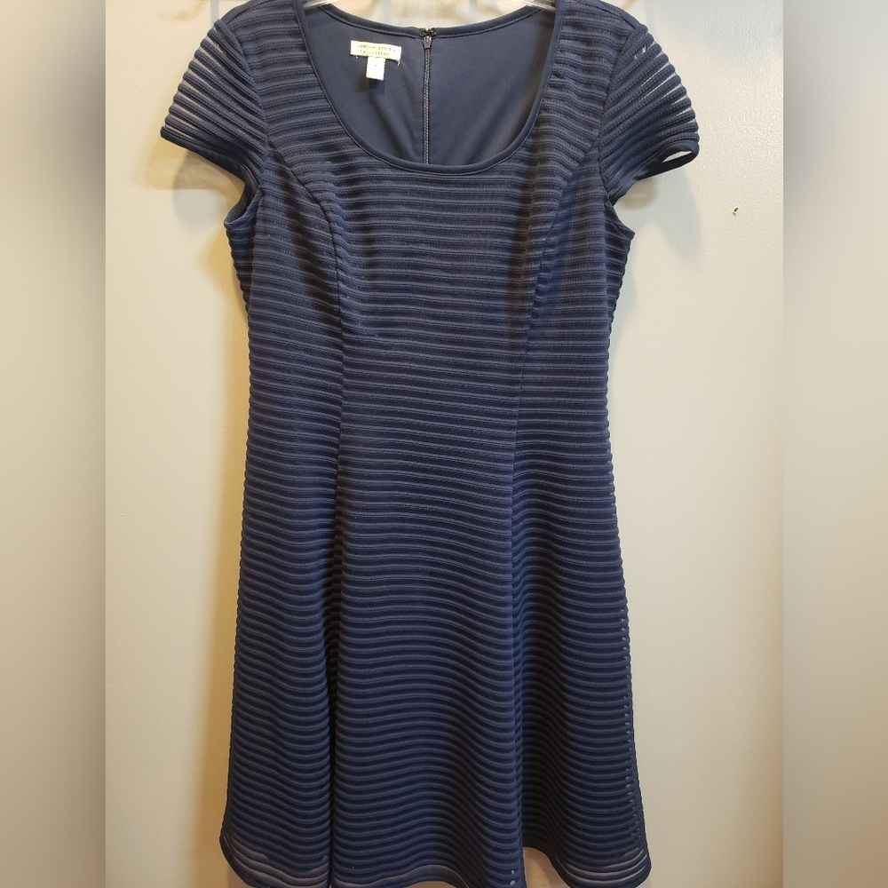 London Style Collection Fit and Flare Navy Cap Sleeve Dress, 12
